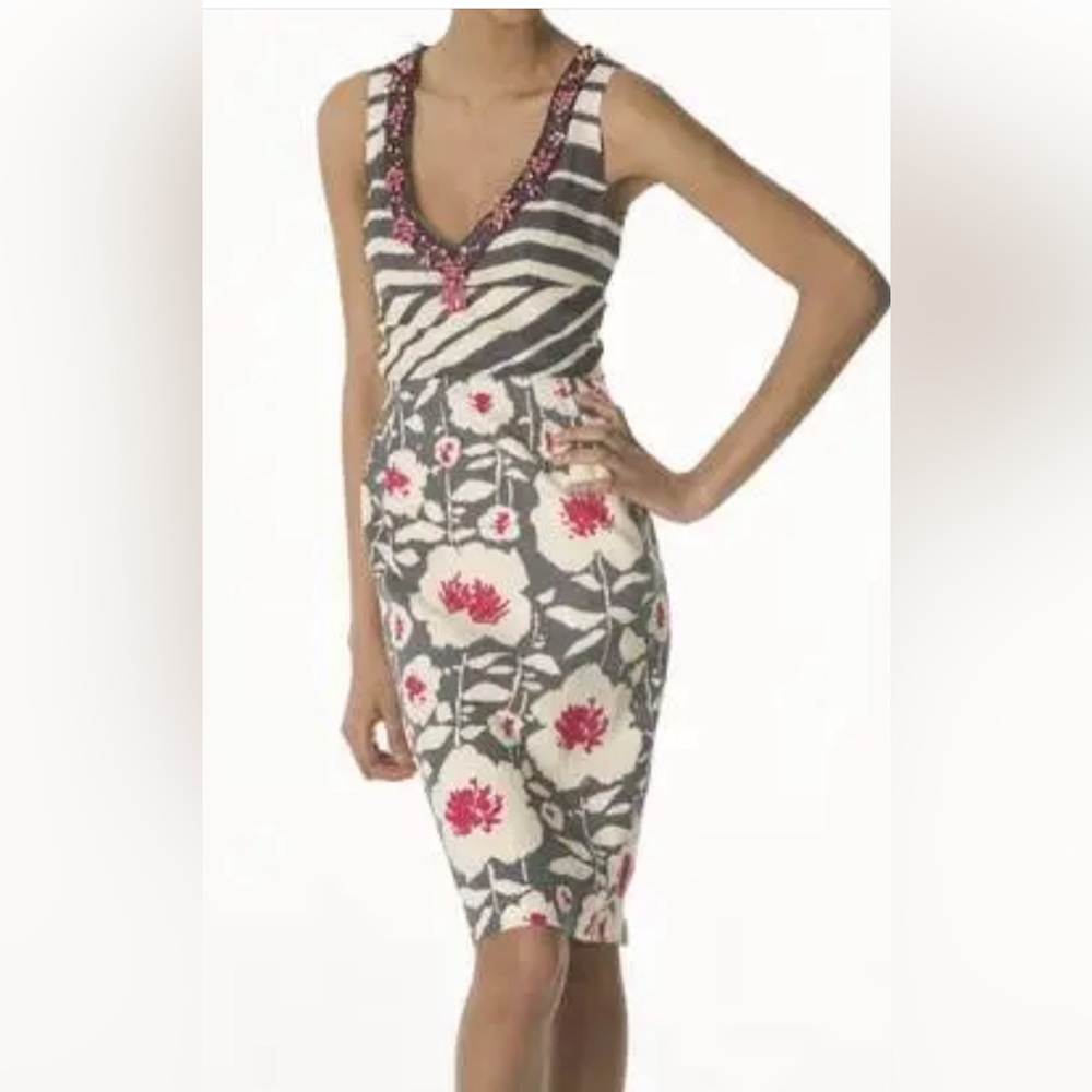 Nanette Lepore Beaded Rhinestone Silk Linen Blend Dress 6